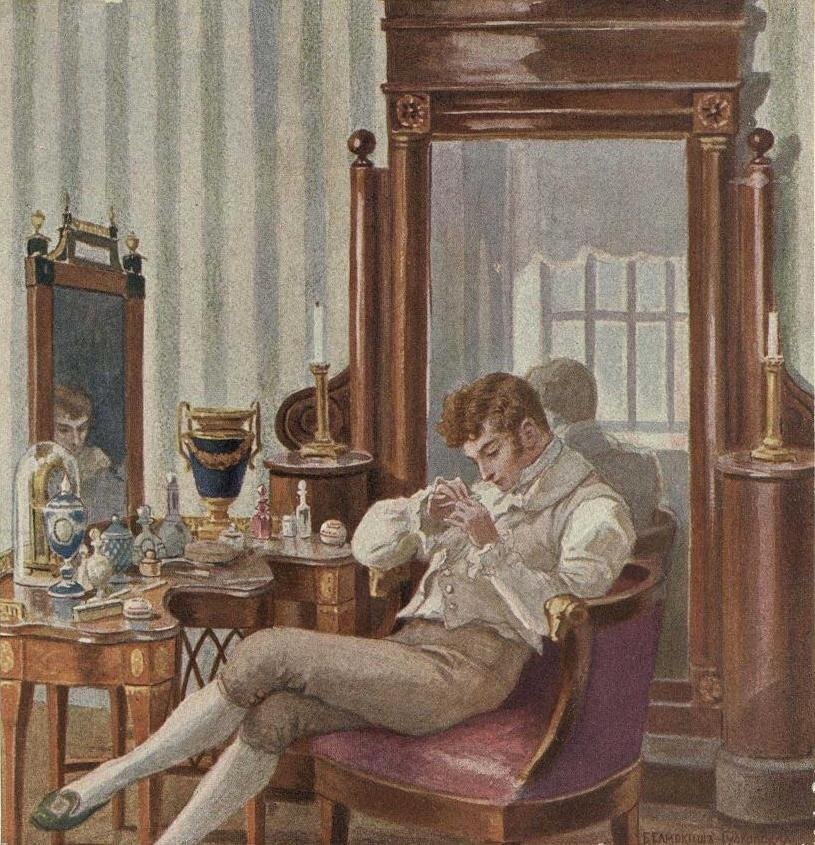 Онегин у себя в кабинете. Иллюстрация Е. П. Самокиш-Судковской, 1908 год 
