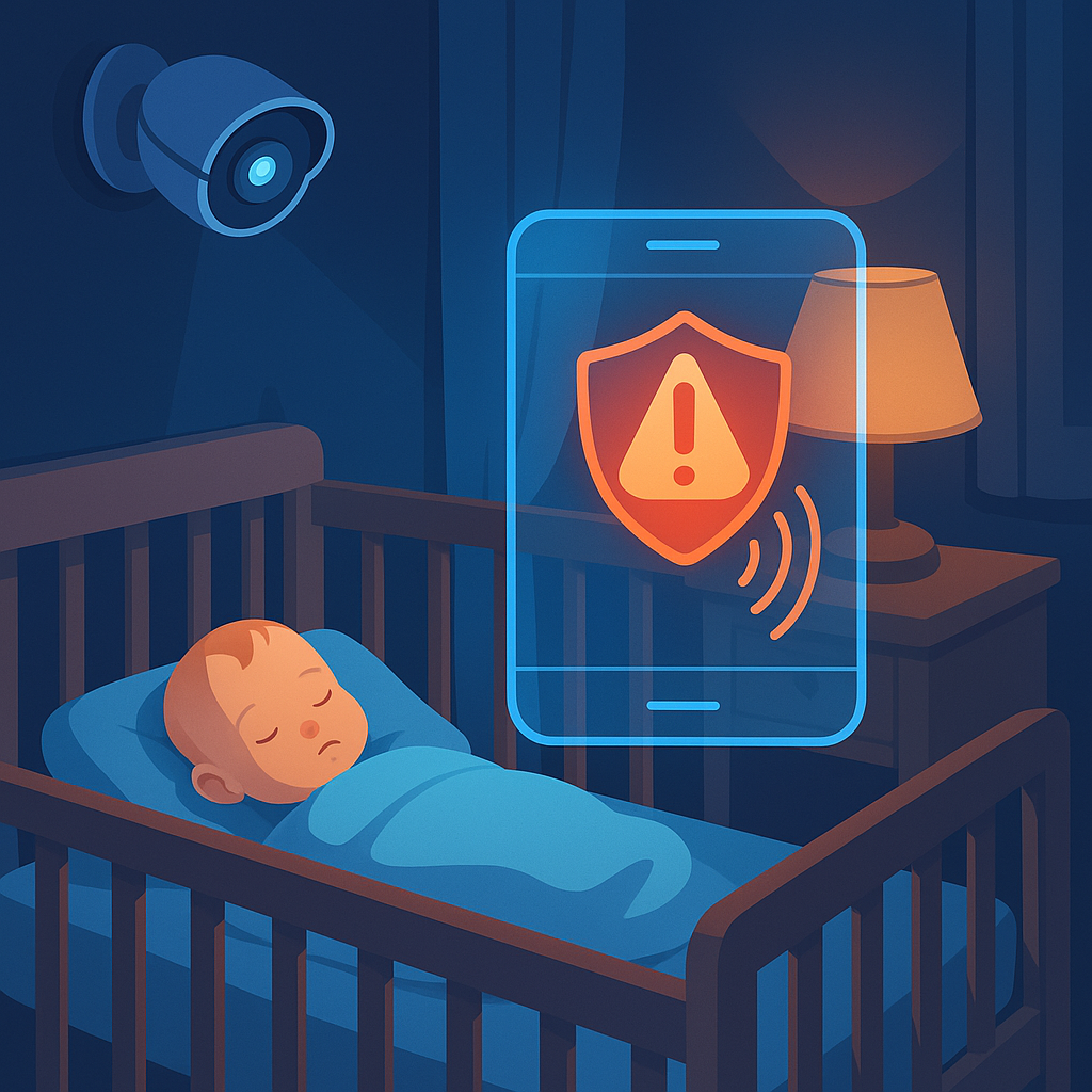 Ночная детская: младенец спокойно спит в кроватке, над ним — видеокамера, а на прозрачном силуэте смартфона вспыхивает оранжевый значок тревоги и волны сигнала, символизируя ИИ-монитор, который подаёт тревожный звук при нарушении правил безопасности.