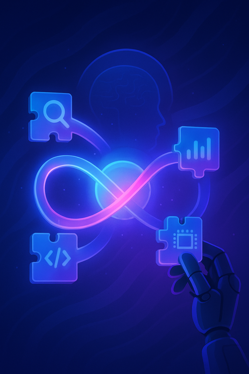 Светящийся шар-«разум» окружён неоновой лентой в форме символа бесконечности, к которой подключены четыре пазла-инструмента (поиск, код, аналитика, микрочип); к нижнему пазлу тянется рука робота, визуализируя идею бесконечного использования внешних инструментов LLM.