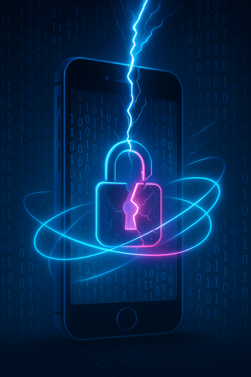 На фоне потоков бинарного кода молния поражает неоновый замок, трескающийся на экране силуэта iPhone; вокруг замка вращаются светящиеся кольца, символизируя эксплойт tachy0n, который взламывает защиту iOS.