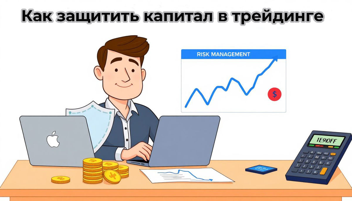 Трейдер с щитом и калькулятором защищает капитал. Метка «Управление рисками» — ваш ориентир: идите в горы с умом!

