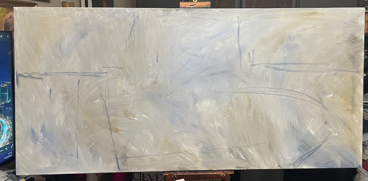 Художник Александр Одинцов, "Огни ночной Москвы", начало работы, холст, масло, 2024, фото автора