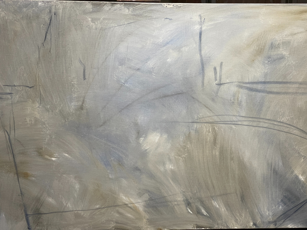 Художник Александр Одинцов, "Огни ночной Москвы", начало работы, холст, масло, 2024, фото автора