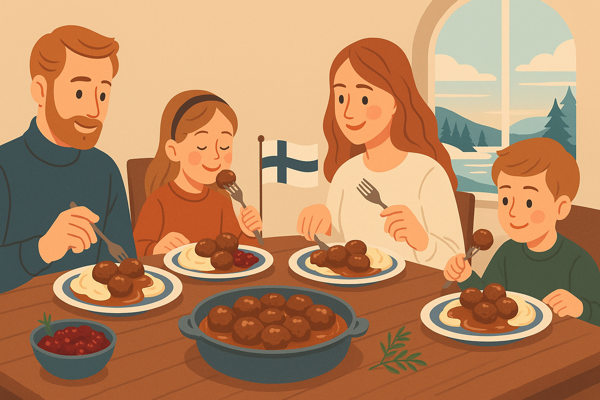 Финский семейный обед с фрикадельками и брусникой