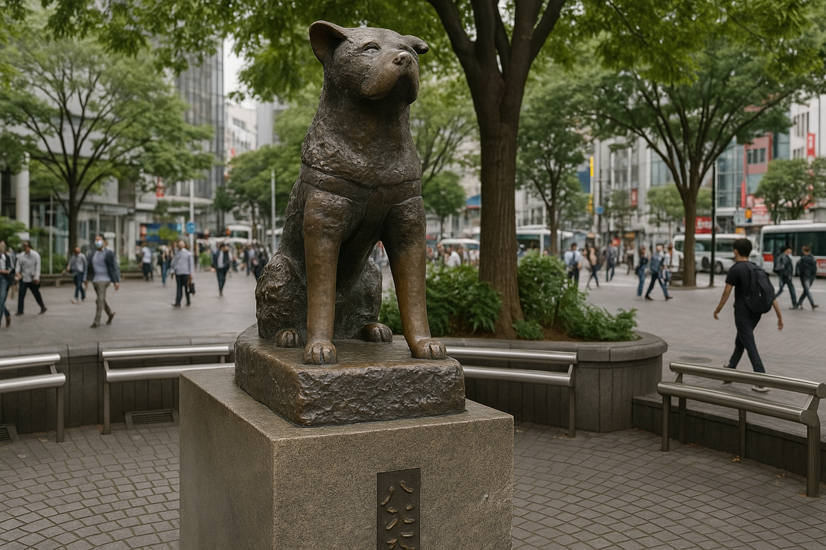 Воссоздание памятника Хатико у станции Сибуя в современном Токио. Изображение создано в стиле реалистичной визуализации на основе реального расположения и формы скульптуры.