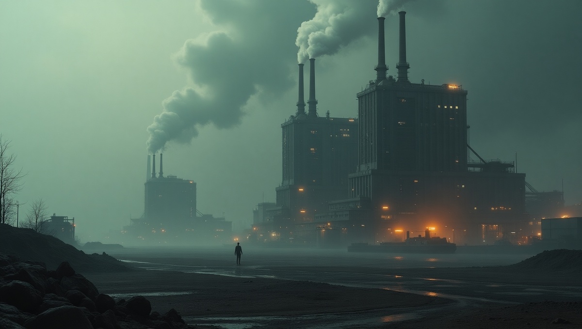 Городской пейзаж, показывающий масштаб индустриализации, где доминируют заводы, полностью управляемые роботами, создавая странную, почти безлюдную атмосферу.