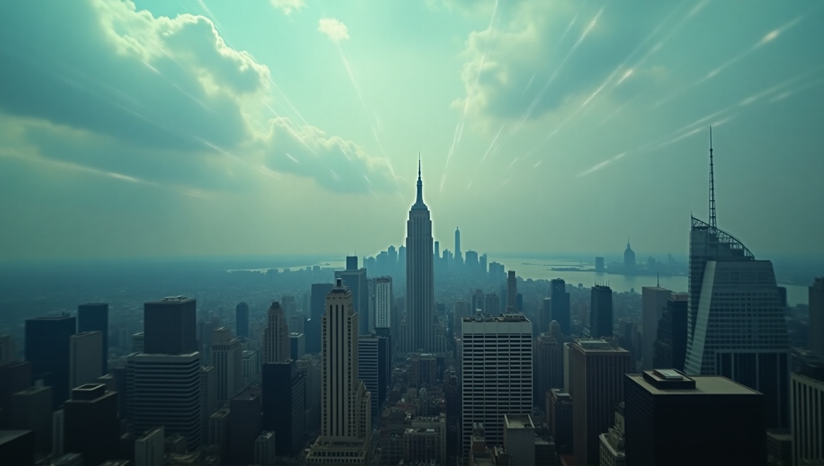 Город под невидимым колпаком: Символический городской пейзаж, отражающий атмосферу тотальной слежки и потери приватности, как следствия кибервойны.