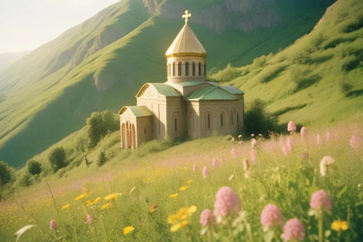 Вполне типичный кавказский пейзаж – небольшая каменная церковь на фоне гор и альпийских лугов.
Фото: freepik
