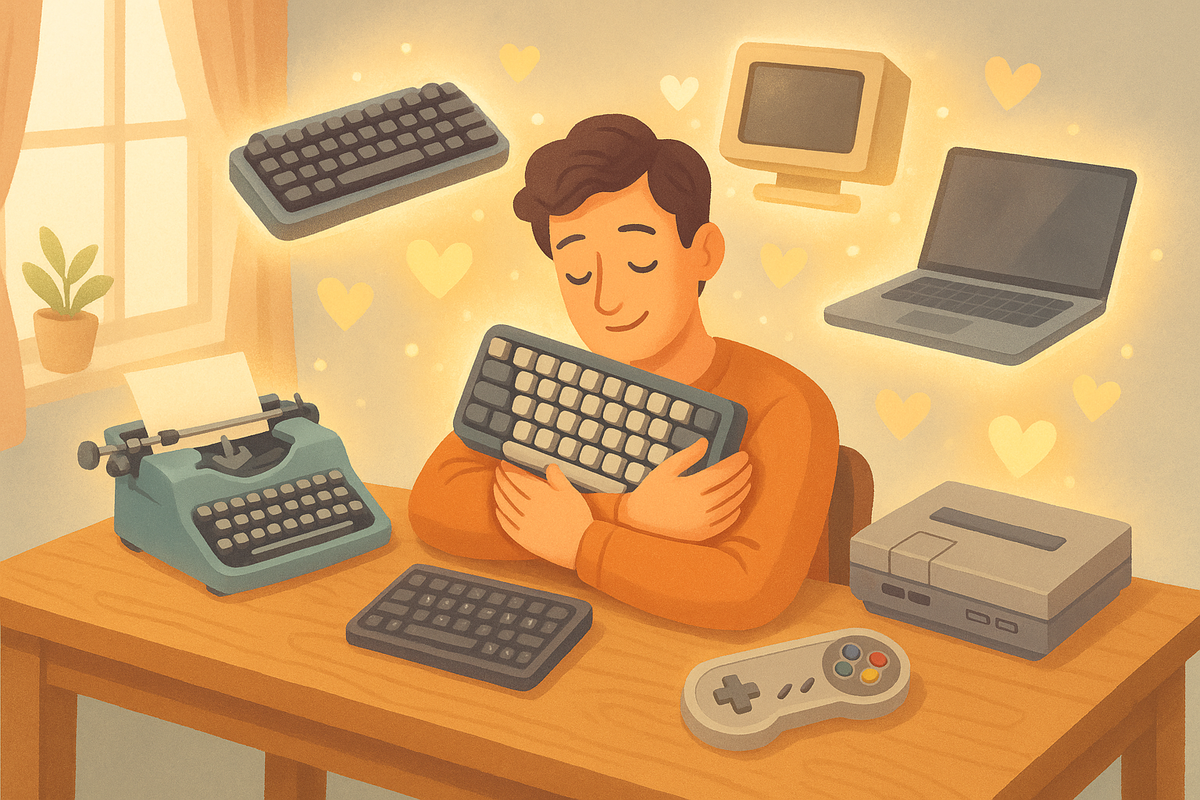 Тёплая, пастельная сцена: разработчик в уютной комнате обнимает любимую механическую клавиатуру, а вокруг него в мягком сиянии парят старые и новые гаджеты — от печатной машинки до ретро-консоли и ноутбука, подчёркивая идею «выбирай то, что приносит радость».