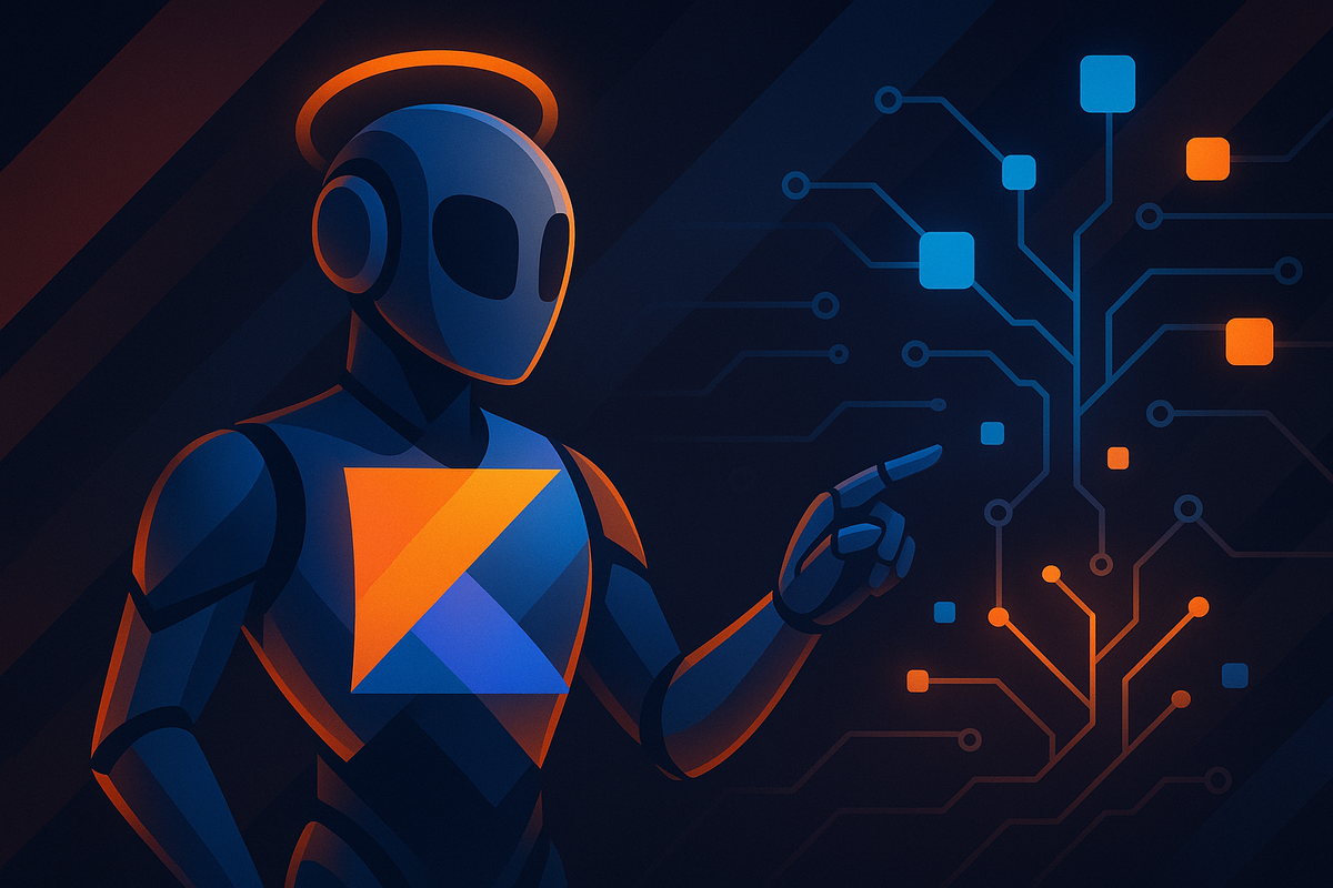 Тёмная неоновая иллюстрация: андроид в фирменных цветах Kotlin (оранжевый-синий) с «ореолом» над головой направляет руку на ветвящуюся схему из светящихся узлов — образ AI-агента Koog, который соединяет инструменты, протоколы и векторные эмбеддинги.
