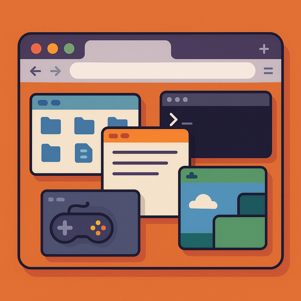 Плоская иллюстрация: окно браузера, в котором развёрнут «мини-рабочий стол» — перекрывающиеся окна проводника, редактора, терминала и игры демонстрируют, что целая ОС может работать прямо в веб-вкладке.