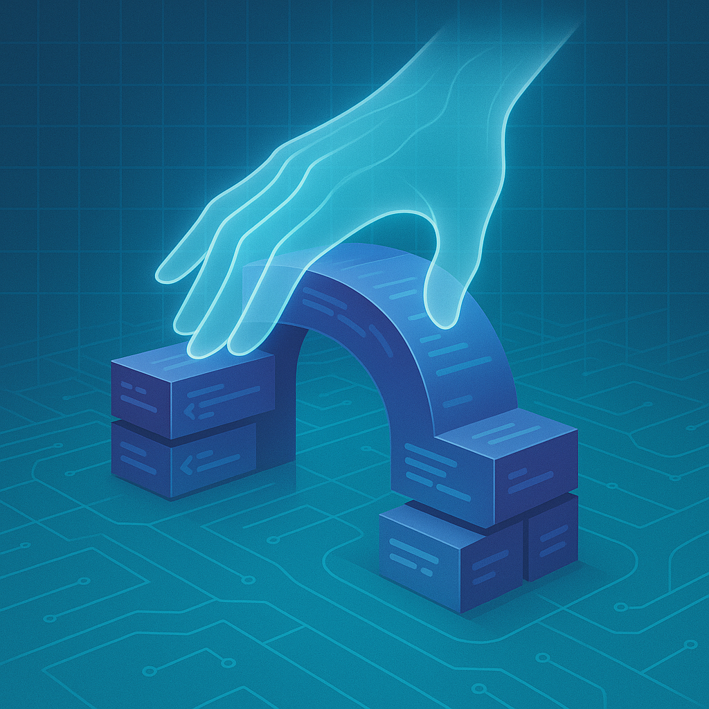 Прозрачная светящаяся «невидимая рука» мягко прижимает парящие блоки кода, выгибая их в аккуратную арку на фоне синей сетки-чертежа и схемных линий — метафора скрытого давления, формирующего архитектуру программ.