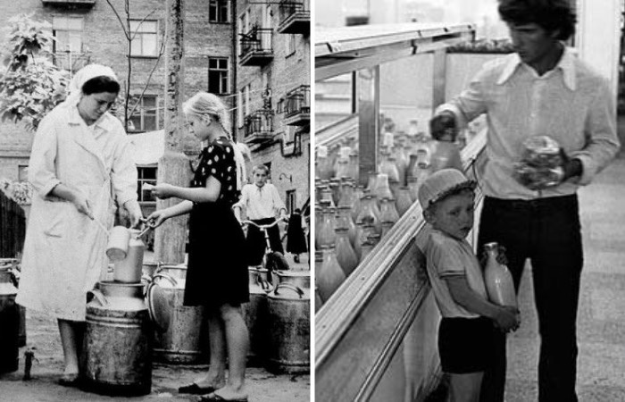 Молоко покупали на разлив или в стеклянных бутылках.