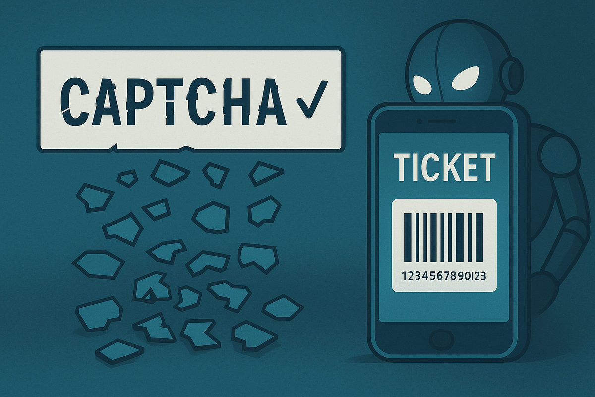 Разбитая плитка «CAPTCHA» осыпается осколками, тогда как робот успешно покупает электронный билет на смартфоне – визуальная метафора того, что традиционные капчи больше не мешают ботам в билетных сервисах.