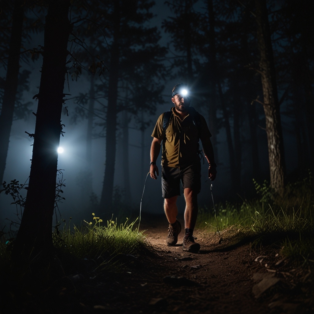 Турист использует налобный фонарь.