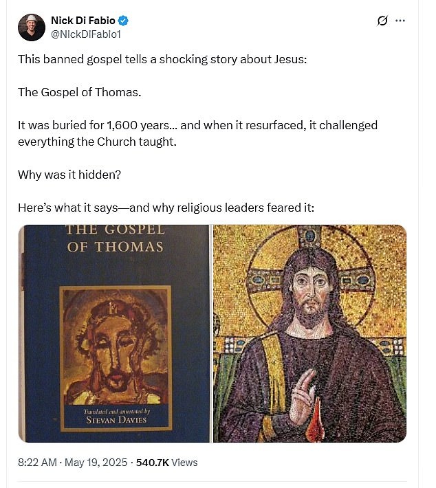 Хотя священный текст был обнаружен в Египте в 1945 году, недавно он вновь появился в социальных сетях, где создатель контента Ник Ди Фабио отметил, что некоторые ученые считают, что это может быть самая ранняя письменная запись учений Иисуса.