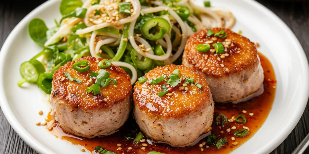 РЕЦЕПТ: Свинина в сырной корочке с азиатским соусом и гарниром из рисовой лапши