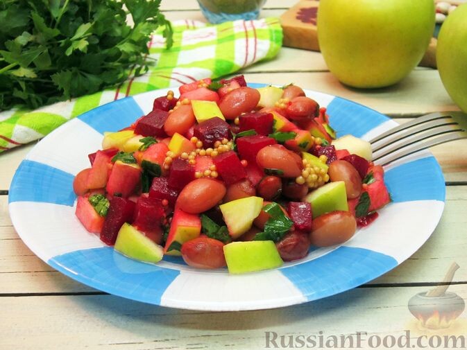 свекла, яблоко, фасоль, масло подсолнечное, уксус яблочный, горчица, зелень петрушки, сахар, соль