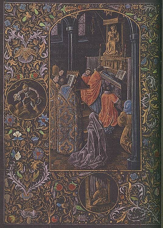 «Черный часослов Галеаццо Марии Сфорца», пятого герцога Миланского. 1466-77 гг. Иллюстрация «служение мессы».  Австрийская национальная библиотека, Вена. 
