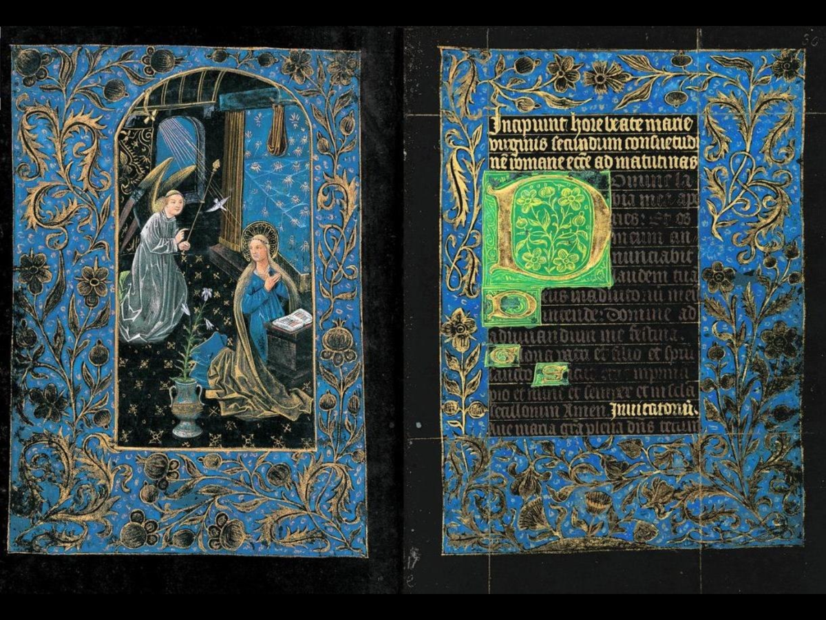 «Черный часослов» неизвестного владельца, придворного герцога Бургундского.  1475 год. Иллюстрация «Благовещение». Библиотека Моргана, Нью-Йорк, США. 
