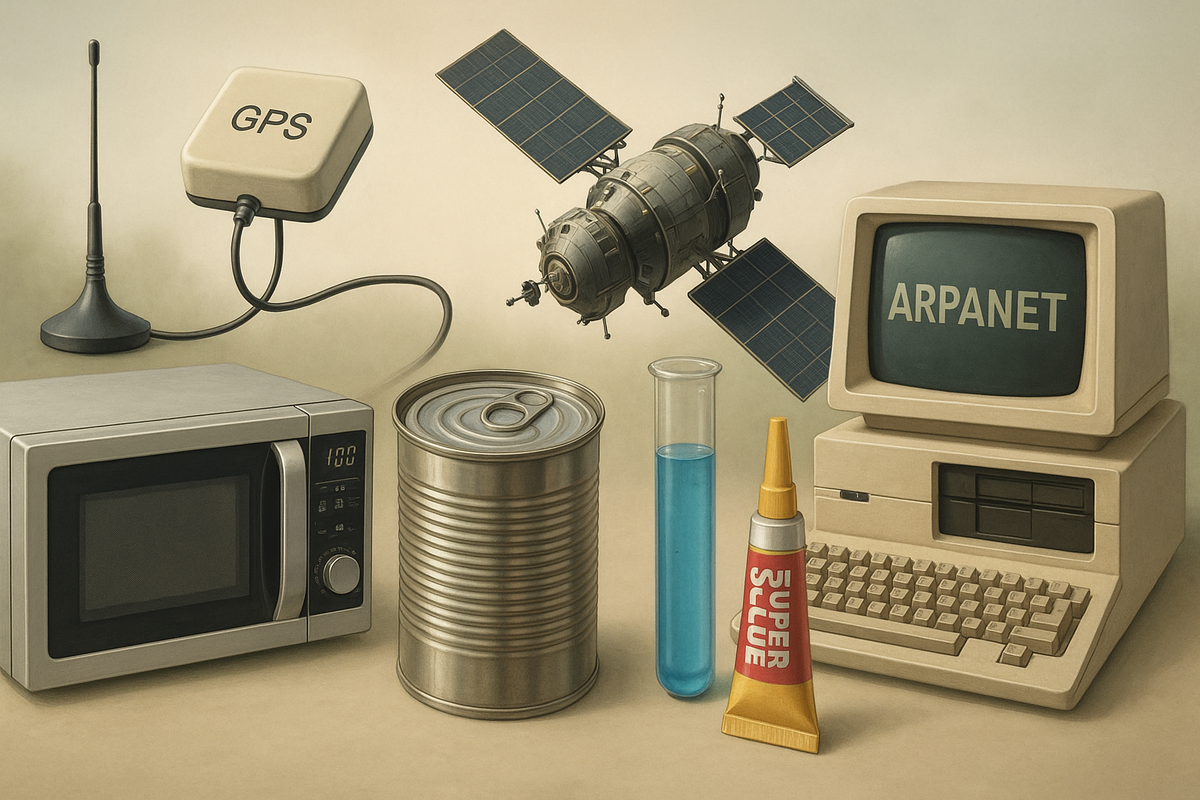 Иллюстрация, сгенерированная нейросетью на основе описания. Коллекция мирных изобретений с военным прошлым: GPS, спутник, ARPANET, микроволновка, консервы, суперклей и лабораторная пробирка. Эти технологии начинались как инструменты для победы, а остались с нами — ради удобства.