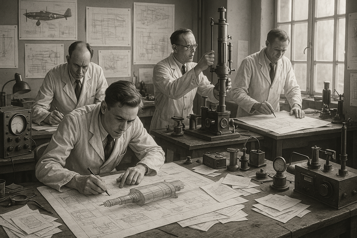 Иллюстрация, сгенерированная нейросетью на основе описания. Воссозданная сцена из инженерной лаборатории времён Второй мировой: учёные в белых халатах разрабатывают новые технологии, окружённые чертежами, приборами и деталями. В такие условия рождались открытия, изменившие мир.