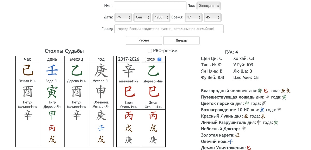 Пример, как выглядит карта рождения Ба Цзы в калькуляторе