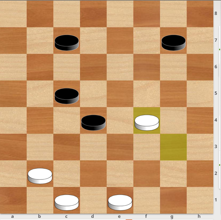 1…d6? (h6=)  2. f2 f6 3. g3 f6-e5 4. g5 e3 5. c3 b4 6… d4 7. f6 c3 8. g7 e3-d2 9… b2 10. h8 c1 29. gf4 a3 30. ed4 c1 31. de5x