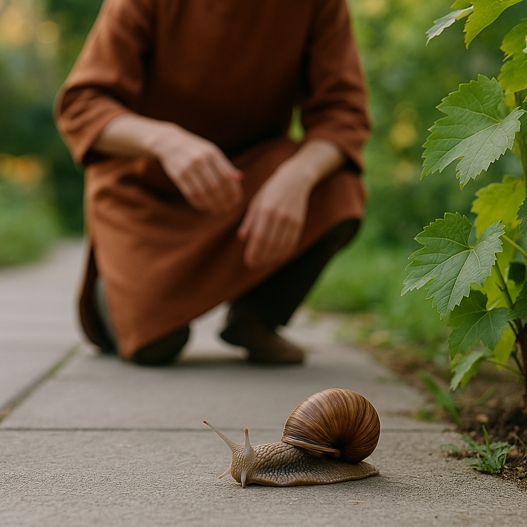На фотографии изображена сцена, наполненная тишиной и смыслом. На переднем плане — крупным планом улитка с коричневой спиральной раковиной, медленно ползущая по серым плитам мощёной дорожки. Её движения кажутся осторожными, сосредоточенными — она ползёт словно по пути своей судьбы, несущая на себе вес собственного намерения. Тело улитки вытянуто вперёд, рожки направлены вверх, как антенны, улавливающие невидимые импульсы Духа.

На втором плане — слегка размытая фигура человека в длинной одежде тёплого, ржаво-коричневого цвета. Он присел, наблюдая за улиткой, но его руки не протянуты — он остановлен в намерении вмешаться. В этом жесте — пауза, внутренняя борьба: помочь или позволить быть. Его поза выражает напряжённую сосредоточенность, однако между ним и улиткой — расстояние, как знак границы между вмешательством и уважением к пути другого существа.

На заднем плане зелень виноградных листьев и мягкое естественное освещение, создающее атмосферу тёплого летнего дня. Свет пронизывает листву, падает на дорожку пятнами и подчеркивает живое движение — не человека, а именно улитки. Окружающая природа словно подтверждает, что каждый имеет свой путь и свою силу — даже тот, кто кажется уязвимым.

Композиция фото подчёркивает контраст между скоростью человеческой мысли и неторопливостью естественного хода вещей. Центр внимания — улитка, как символ внутренней силы, собранности и пути, который не нуждается в спасении, но требует уважения