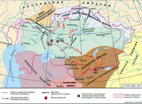 Карта восстания под руководством Кенесары Касымова. Из учебника по истории Казахстана для 8 класса