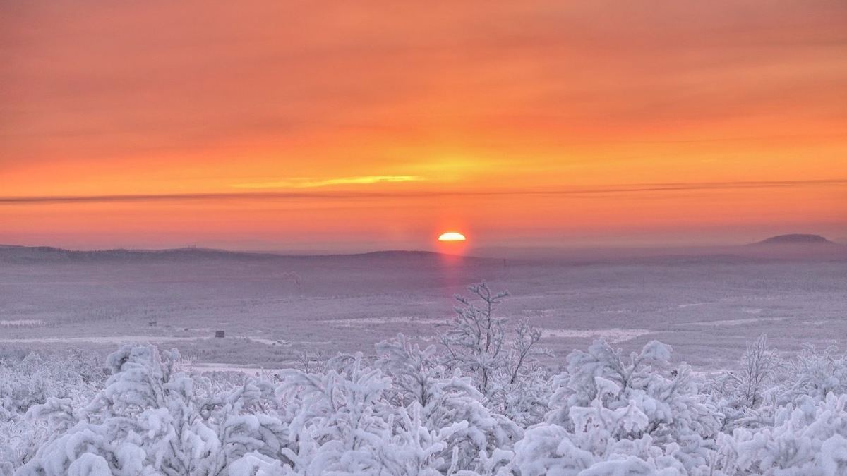 Рассвет в тундре. Иней, тишина, горизонт окрашен вручную.