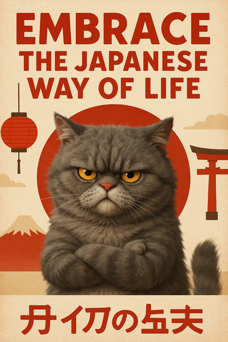 Пушистый, серый, сердитый кот 3D рекламирует образ жизни Японии — иллюстрация созданная нейросетью по моему запросу.