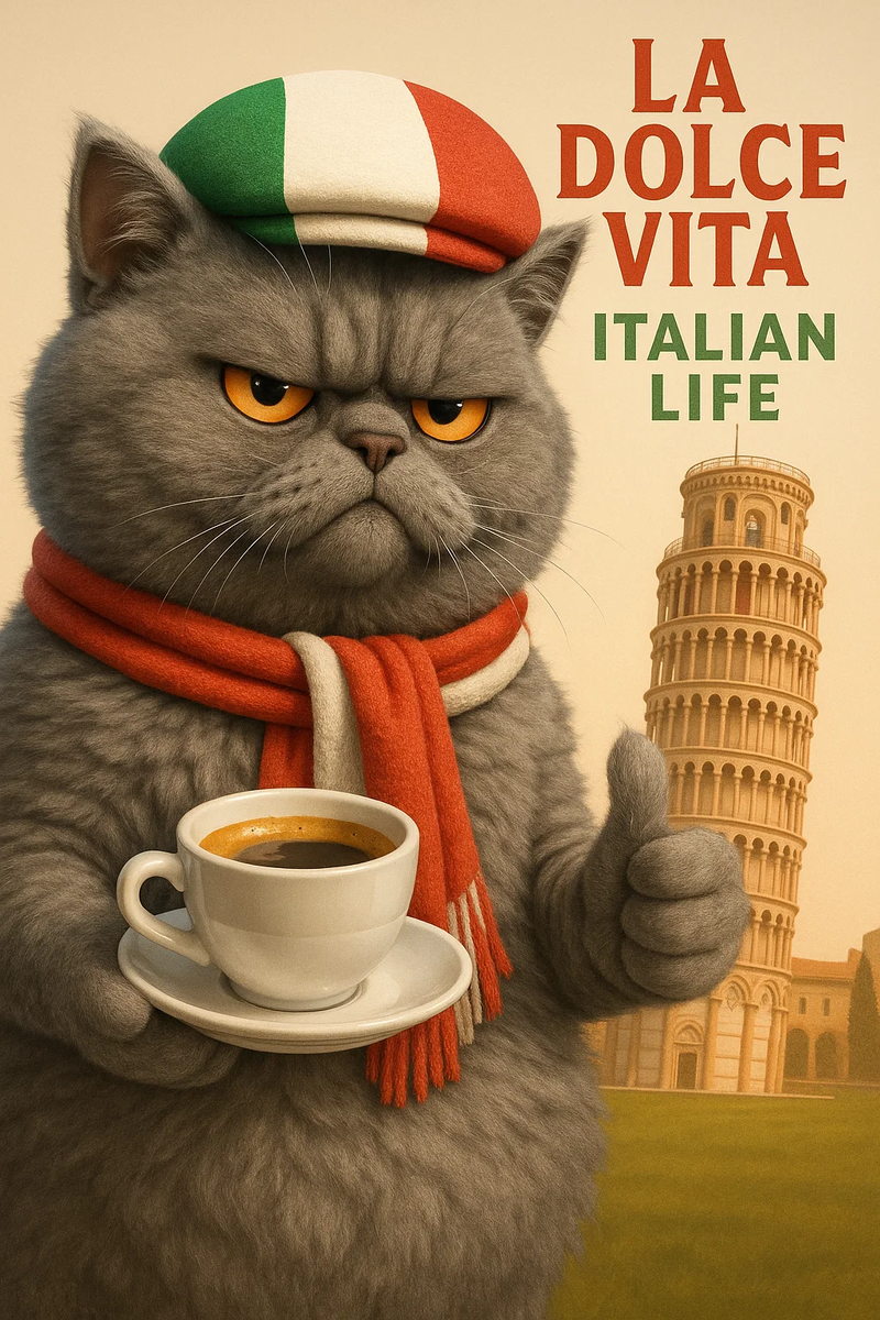 Пушистый, серый, сердитый кот 3D рекламирует образ жизни Италии — иллюстрация созданная нейросетью по моему запросу.