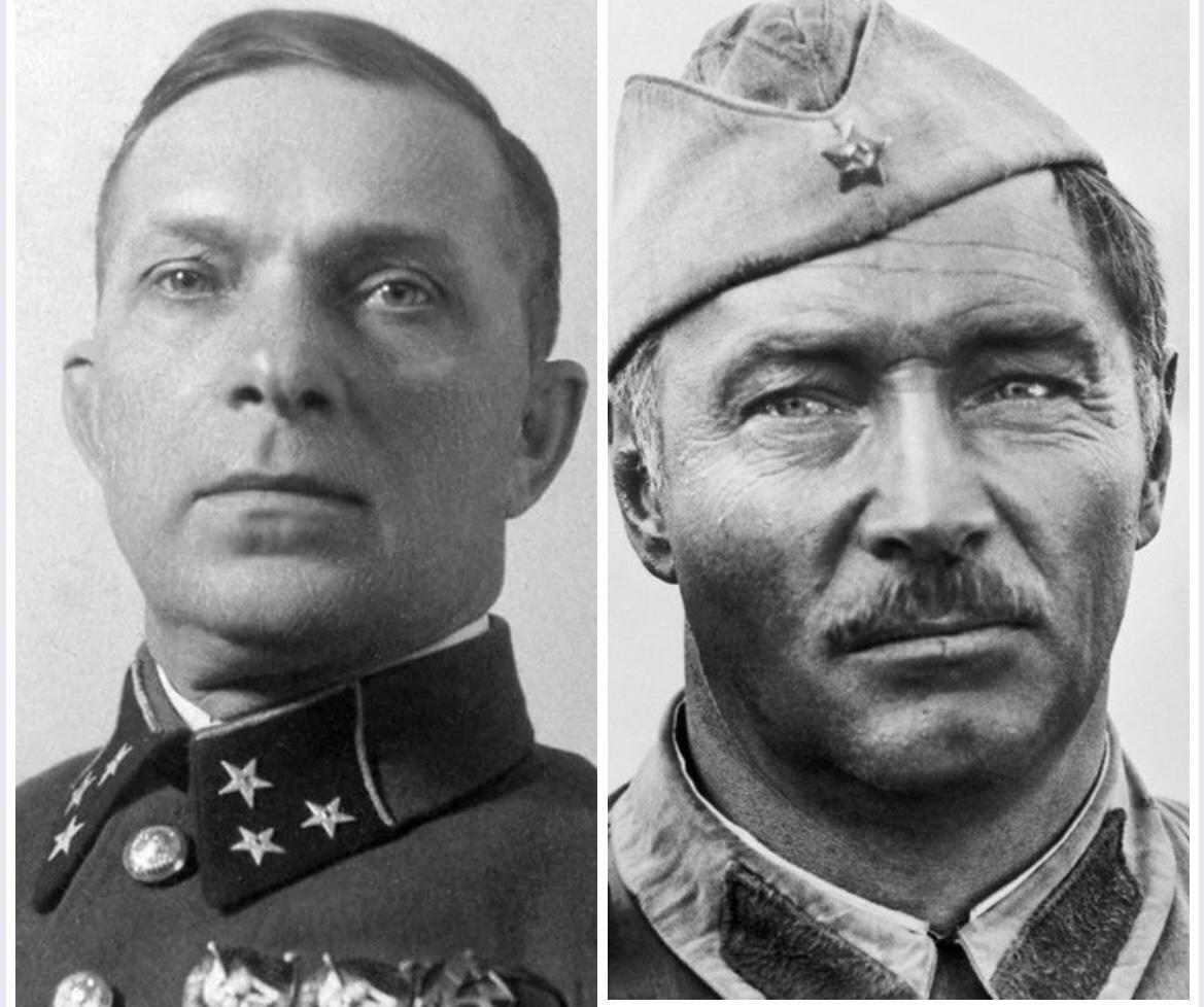 Слева - М.Ф. Лукин, справа - В. Тихонов в роли Н. Стрельцова