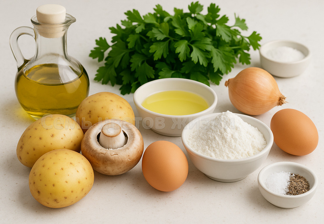 Свежие ингредиенты для приготовления вкуснейших картофельных зраз с грибной начинкой.
