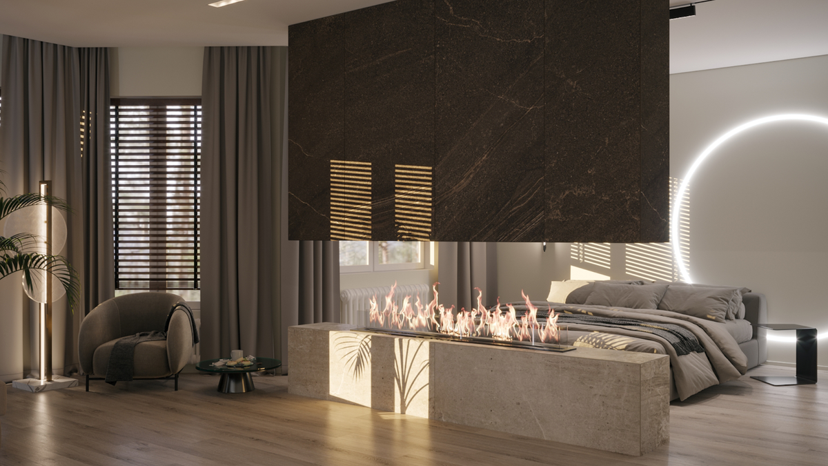 Спальня с камином, оформленным керамогранитом Kailas и Gobi. Автор проекта: Татьяна Ноздрина