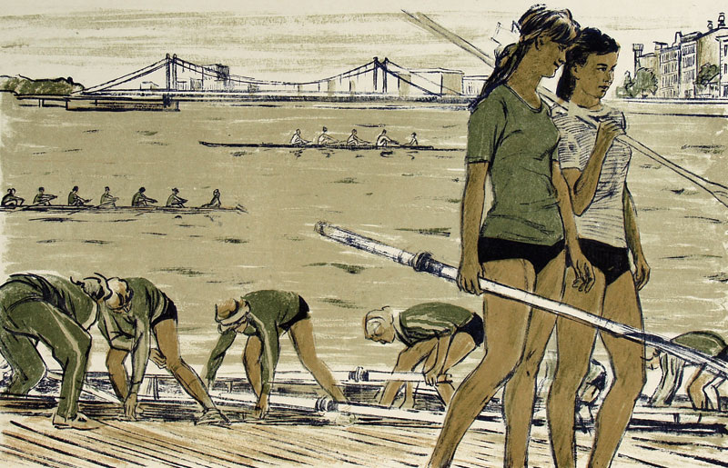 Михаил Ройтер "Гребцы на стрелке у Крымского моста" 1960е. Линогравюры СССР на тему спорта из открытых источников.