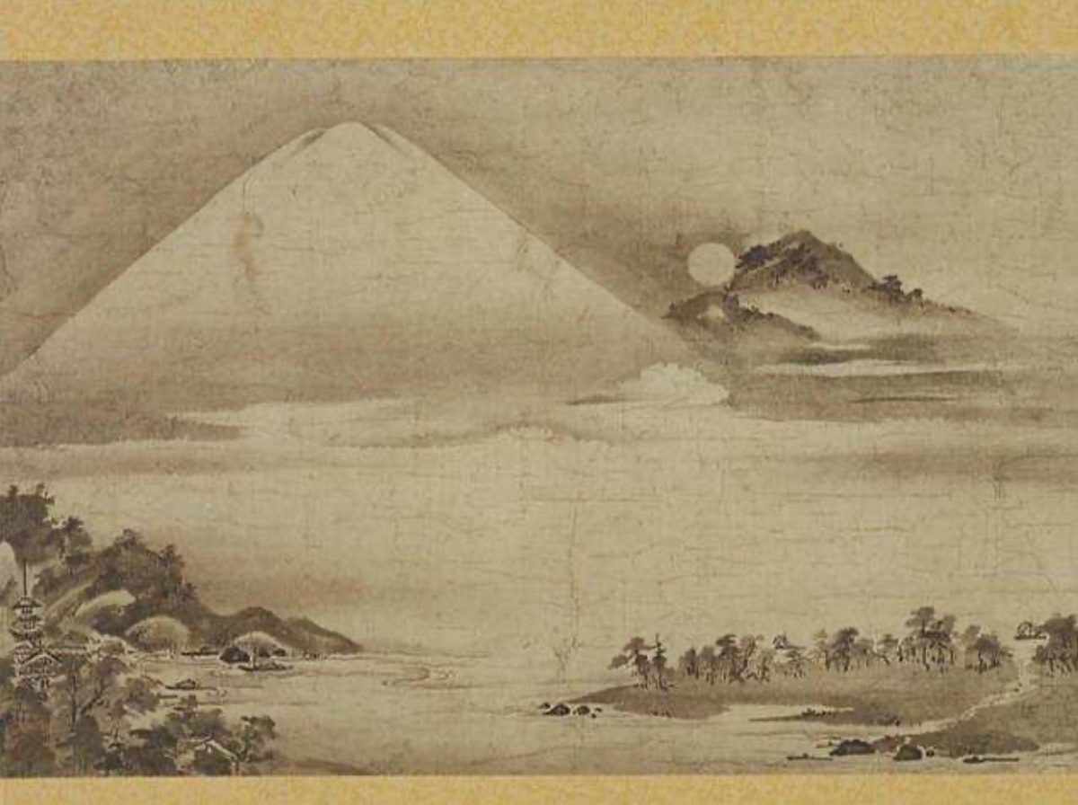 "Пейзаж с горой Фудзи", 1573-1615, время, "когда гора Фудзи обычно изображалась с полностью белой вершиной и трехвершинной короной"