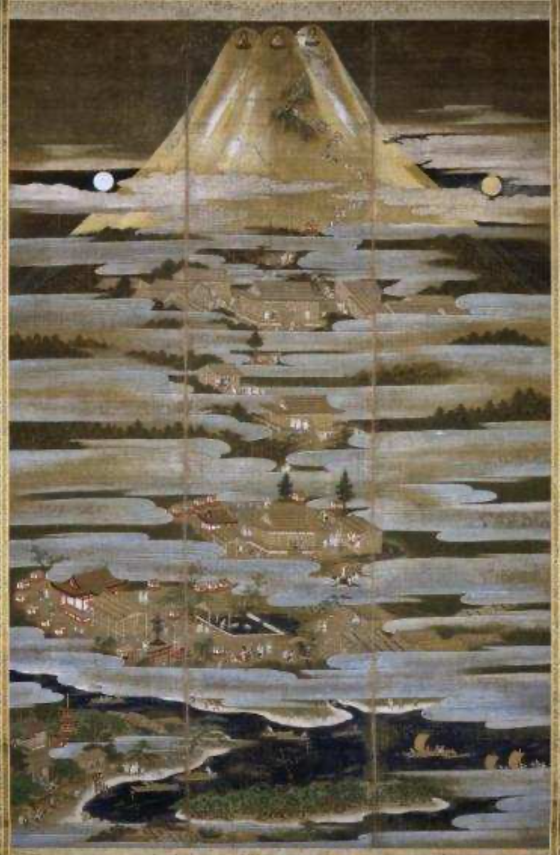 "Мандала паломничества к горе Фудзи", Кано Мотонобу, 1476-1559, представляет паломничество к горе Фудзи как процесс духовного восхождения, где каждый этап пути к вершине Фудзи выводит паломника на более высокий уровень духовного понимания.