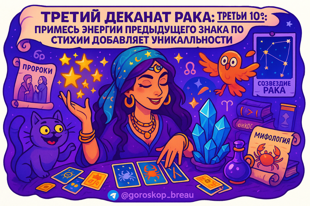    Третий деканат Рака: Путешествие в мир интуиции и философии Характеристика третьего деканата Рака Третий деканат Рака, охватывающий 20°–30° этого знака, представляет собой тонкий и изысканный мир, где внутренние ощущения и духовные поиски переплетены в единое целое. Люди, рожденные в этот период, отличаются яркой эмоциональностью и стремлением к пониманию окружающего мира. Их чувствительность — это не просто характеристика, это глубокая связь с чем-то большим, чем сами они. Непередаваемая мудрость тянет их к эзотерике, искусству, литературе и философии, что делает их вечными искателями смысла. Влияние Нептуна и Юпитера Нептун, планета интуиции и мистицизма, накладывает свой отпечаток на личность третьего деканата Рака. Он дарит возможность чувствовать глубже, видеть мир не только так, как он есть, но и через призму эмоций и предчувствий. Это может вызвать как вдохновение, так и запутанность. Юпитер же, планета расширения и познания Мария
