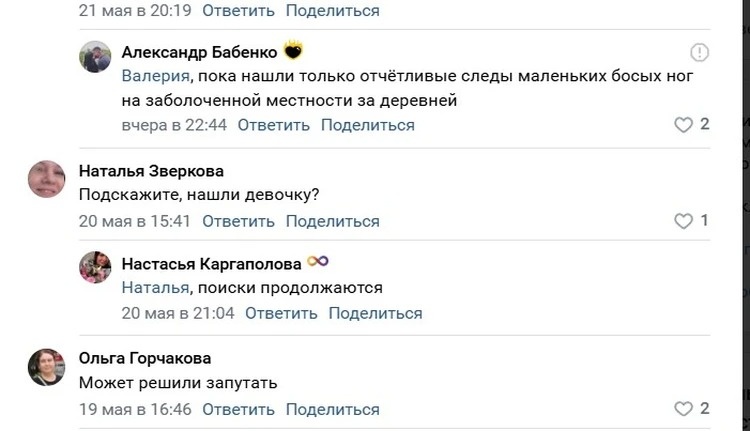Фото: скриншот комментариев к посту о пропавшей девочке в официальной группе администрации Муромцевского района
