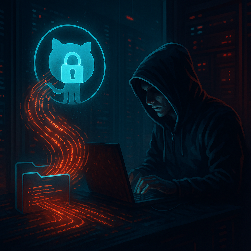 Хакер в тёмной серверной похищает данные из закрытого репозитория GitHub, что символизируют потоки сияющего кода и открытый замок над логотипом Octocat.