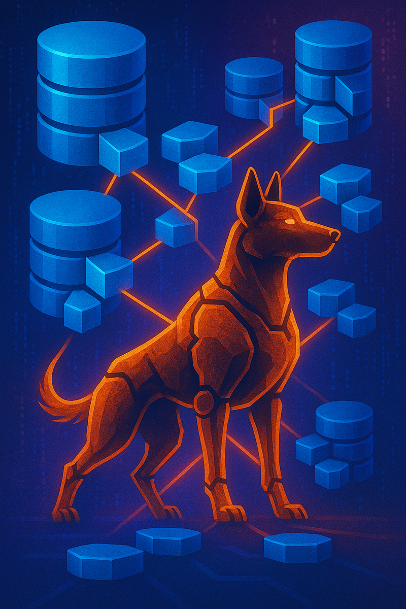 Кибернетическая собака-«пастух» направляет оранжевые линии связи между синими «шардами» баз данных, символизируя PgDog и автоматическое масштабирование PostgreSQL.