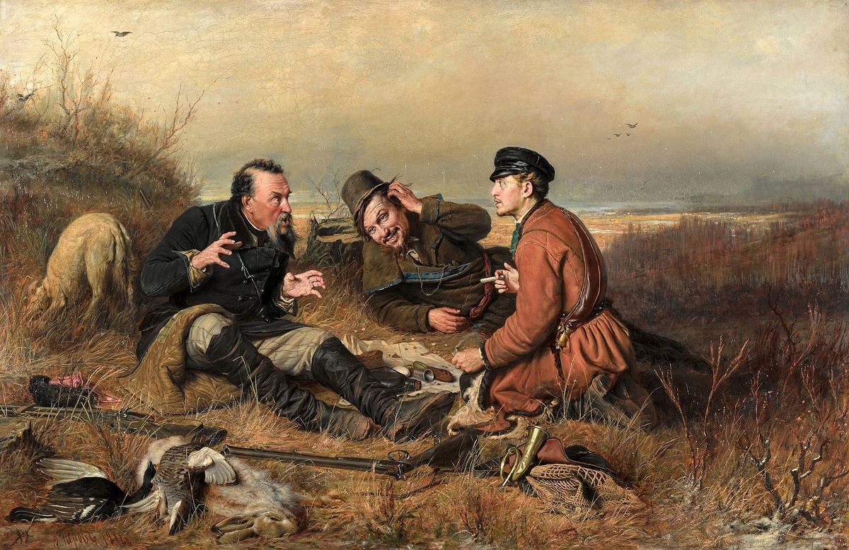 Перов Василий Григорьевич, «Охотники на привале», 1871, холст, масло, 119 × 183 см, Государственная Третьяковская галерея, Москва