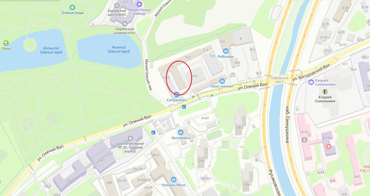 Положение исторического корпуса на современной карте. Адрес - Олений вал, д.7