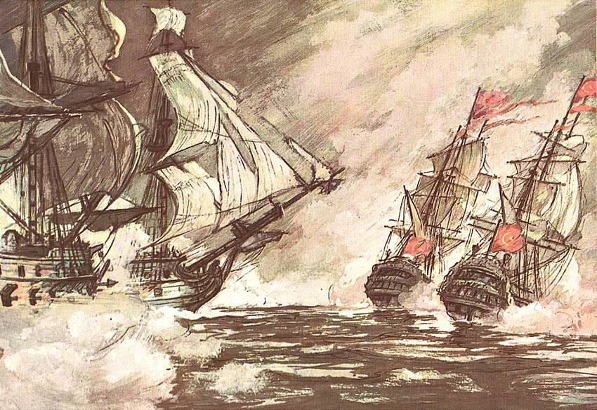 Иллюстрация морского боя русского и турецкого флотов