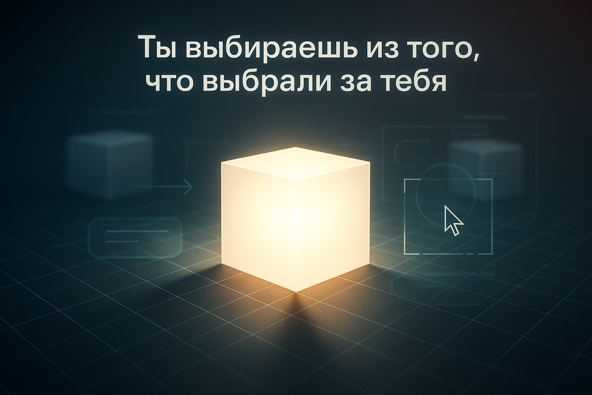 Нейросеть воссоздала визуал, где один яркий выбор выделен светом, а другие теряются в тени. Эта иллюстрация показывает, как визуальный фокус формирует наше решение. Цитата на экране: «Ты выбираешь из того, что выбрали за тебя». Контекст решает больше, чем кажется.

