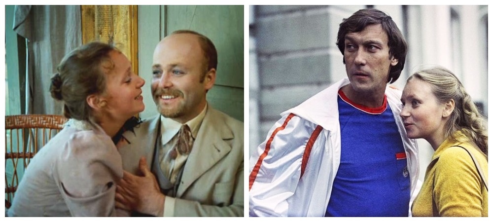 кадры из фильмов "Неоконченная пьеса для механического пианино" (1977). "Влюблён по собственному желанию" (1982)