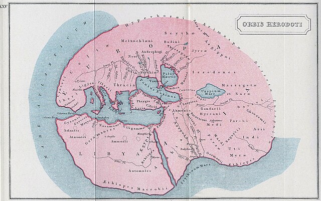 Карта «Мир Геродота» — первоначально «Orbis Herodoti», гравюра на стали, цветная, поверхностная, из альбома Longman & Co., около 1860 г. В верхней части имеется надпись Hyperborei. Фото является общественным достоянием.
