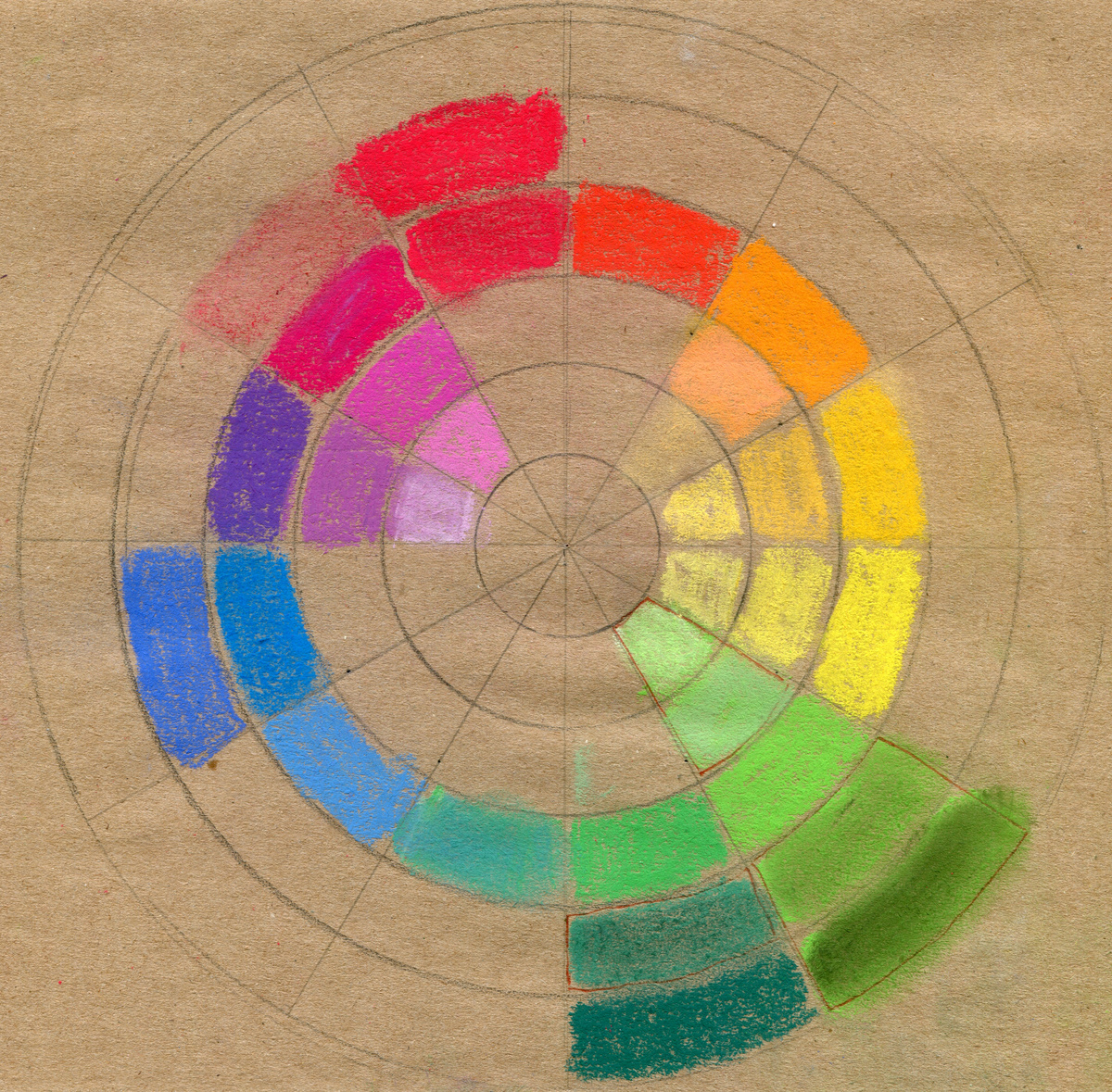 Попытка построить цветовой круг, воспользовавшись одним набором сухой пастели